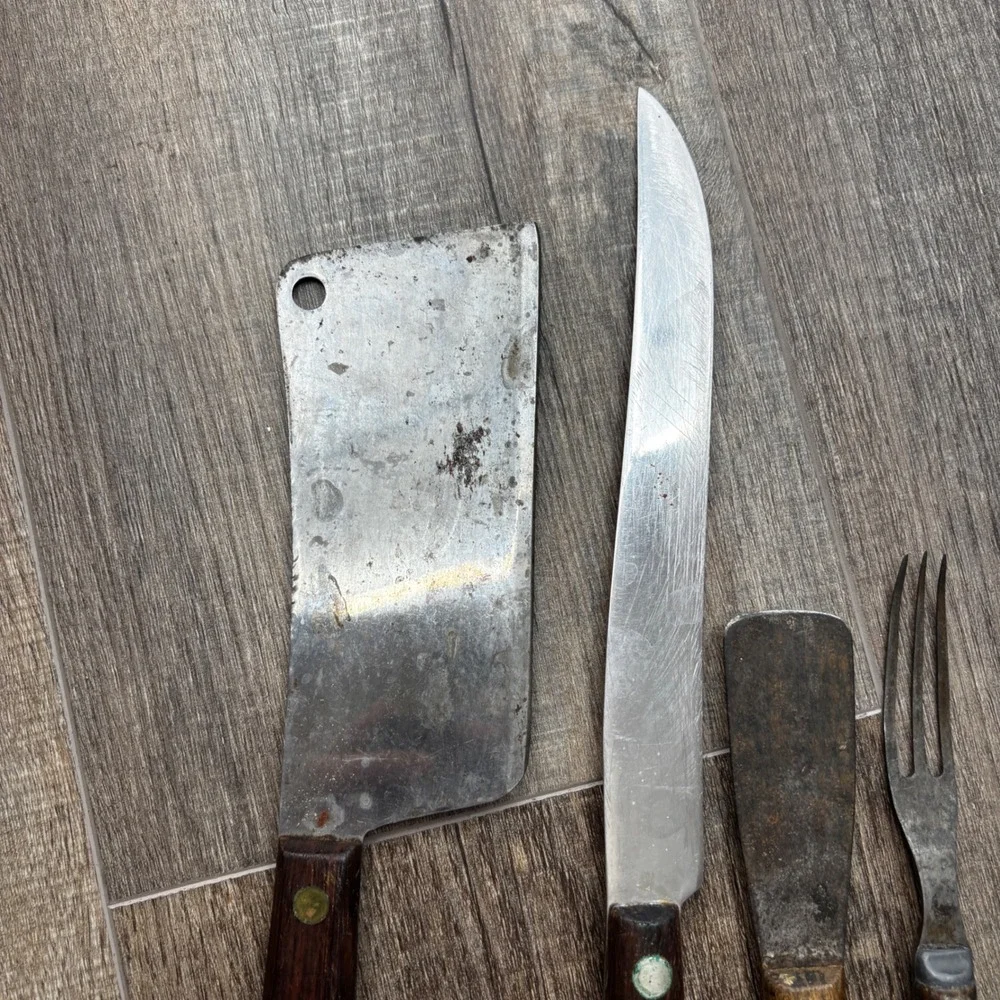 Vintage Wood Handle Kitchen Knife Set Cleaver Slicer Forks Quikut Flint 6pc